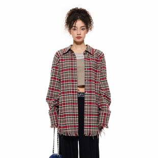 Sandra2024春夏流苏毛边复古格纹休闲衬衫 白鹿同款 Alexia