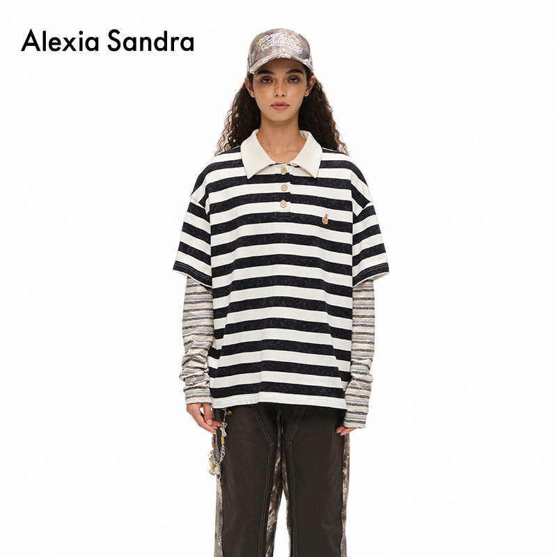 alexiasandra撞色领假两件POLO衫