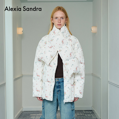 设碎花满印真两件围巾羽绒服