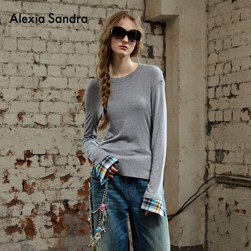 经典简约撞色格纹袖口修身上衣