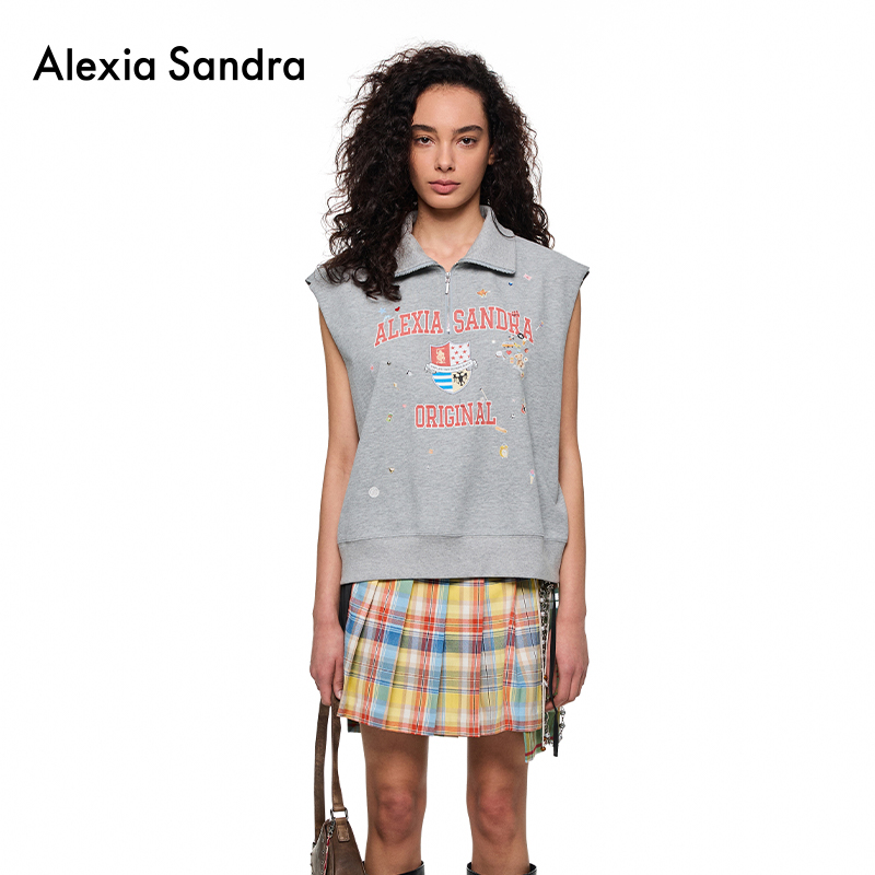 李鑫一戚砚笛同款Alexia Sandra拉链领印花无袖上衣休闲短袖背心
