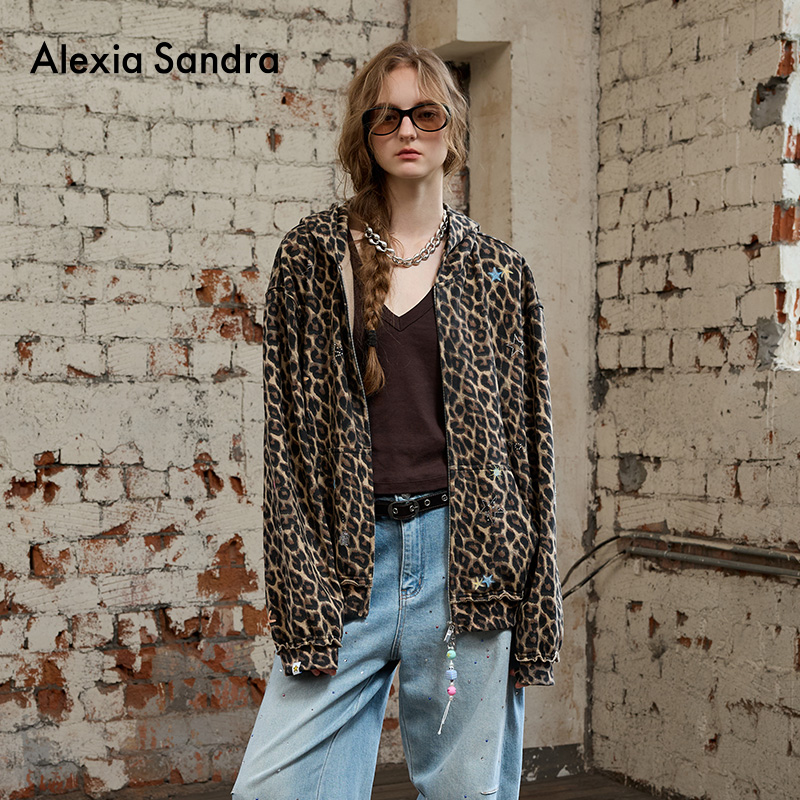 海洋奇遇印花烫钻豹纹连帽开衫