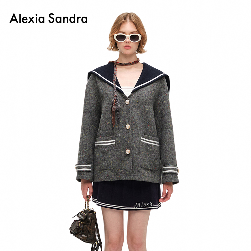 alexiasandra海军领织带毛呢外套