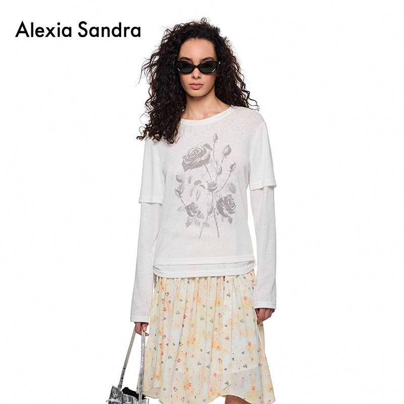 Alexia Sandra春夏新款玫瑰印花白色轻薄假两件高级感长袖T恤上衣