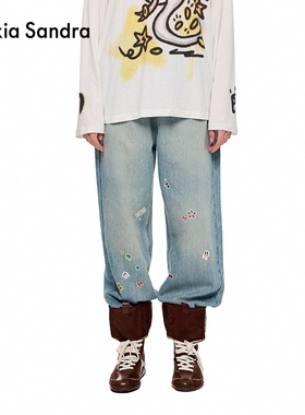 Alexia Sandra2025年新款趣味贴纸印花蓝色直筒牛仔长裤时尚百搭