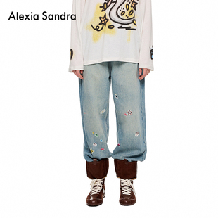时尚 趣味贴纸印花蓝色直筒牛仔长裤 百搭 Sandra2025年新款 Alexia
