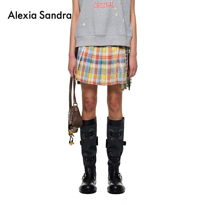 Alexia Sandra春夏新款时尚撞色格纹拼接绑带休闲简约半身裙女