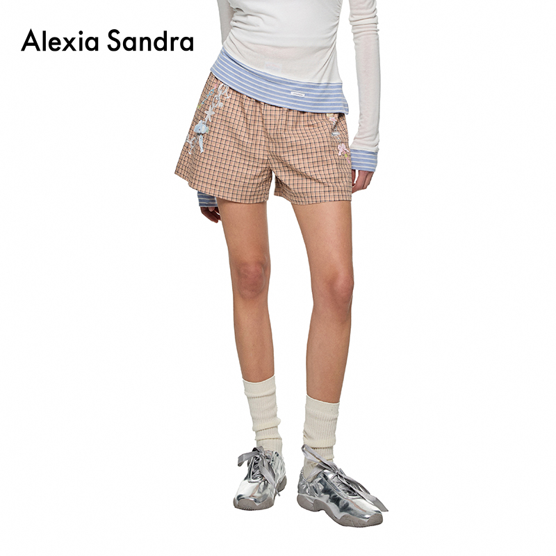 瓦瓦妮莎同款-Alexia Sandra海洋奇遇破碎链条印花格纹短裤女