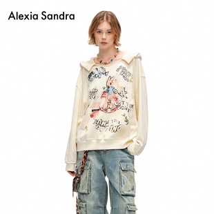 Alexia Sandra秋冬复古做旧涂鸦兔子印花连帽休闲卫衣女宽松上衣
