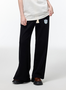 Alexia Sandra秋冬纯色简约徽章休闲裤百搭黑色开衩设计感卫裤女