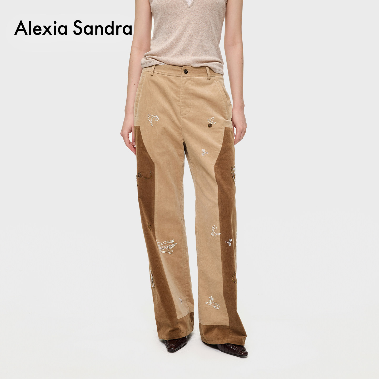AlexiaSandra钉珠绣拼接灯芯绒长裤2026冬季新款复古时尚休闲裤女