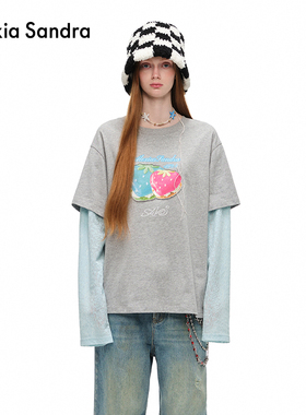 李莎旻子同款Alexia Sandra草莓汉堡贴布绣假两件T恤长袖上衣薄款