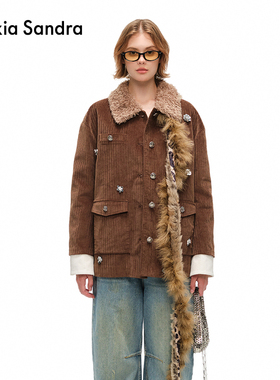 Alexia Sandra秋冬棕色复古拼接毛绒翻领灯芯绒棉服外套休闲上衣