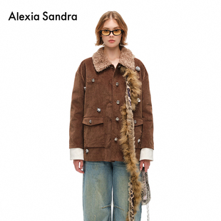 Alexia Sandra秋冬棕色复古拼接毛绒翻领灯芯绒棉服外套休闲上衣