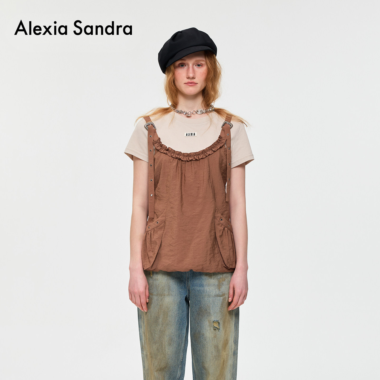 Alexia Sandra经典时尚2026夏季新款棕色真两件工装口袋背带上衣