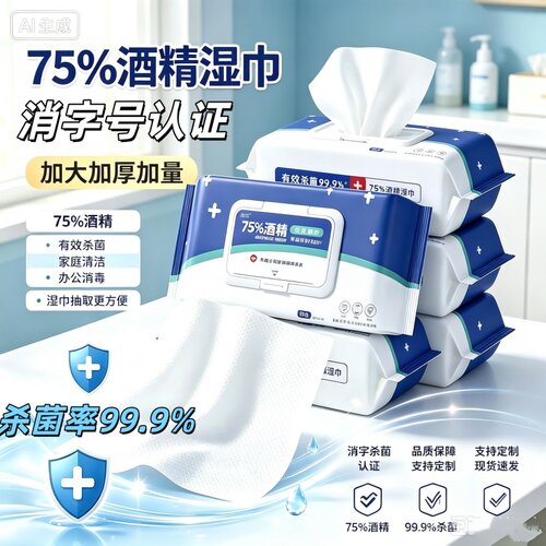 [外出居家消毒]简禾75度酒精湿巾80抽便携加大加厚手口家用大包装