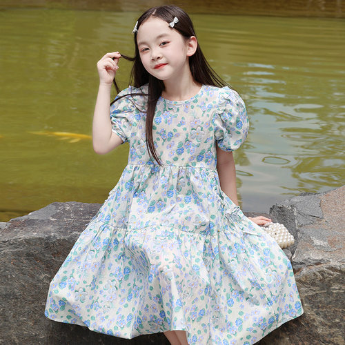 瓦瓦马女童碎花泡泡袖棉布公主裙