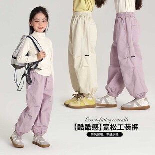 女童工装裤薄款春秋款纯棉儿童直筒松紧束脚裤子运动女孩宽松长裤
