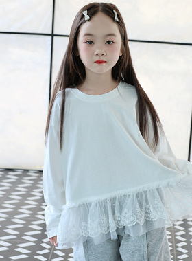 纯棉白色女童T恤春秋款儿童洋气蕾丝花边打底衫长袖内搭上衣+卫裤