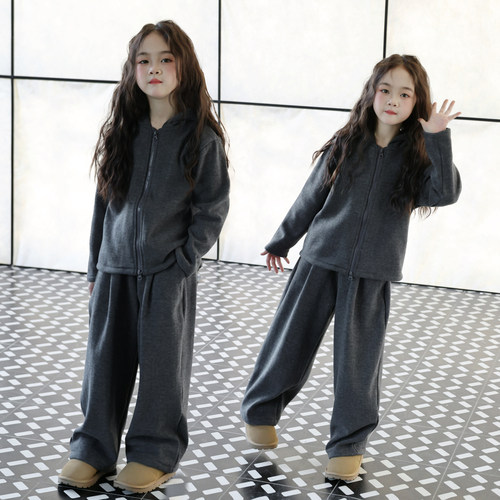 女童秋冬加绒加厚连帽运动两件套
