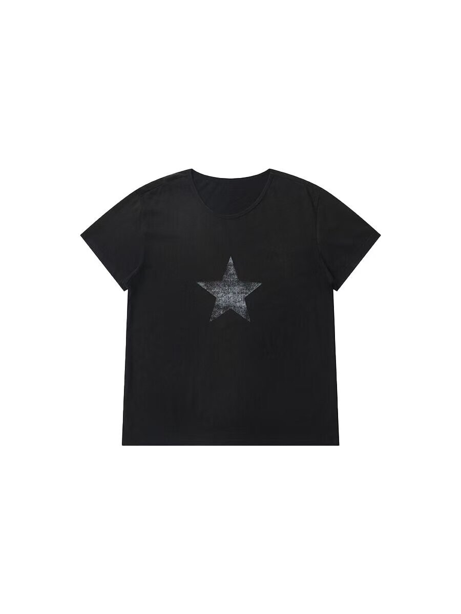 thumbnail for Ann26ss Five-Pointed Star Dark Pioneer Vintage Brushed Washed Distressed Star Print Ribbon Short Sleeve Tee