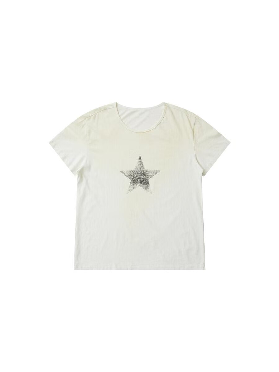 thumbnail for Ann26ss Five-Pointed Star Dark Pioneer Vintage Brushed Washed Distressed Star Print Ribbon Short Sleeve Tee