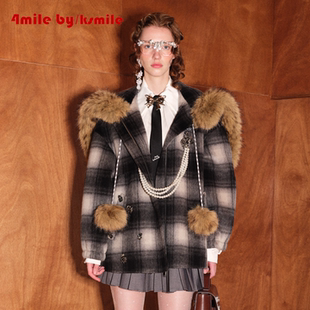 KSMILE 4MILE 复古连帽毛领格纹保暖毛呢大衣 年货狂欢季