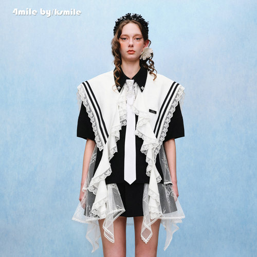 【夏上新】4MILE BY KSMILE 26春夏新蕾丝拼接海军学院风短袖套装