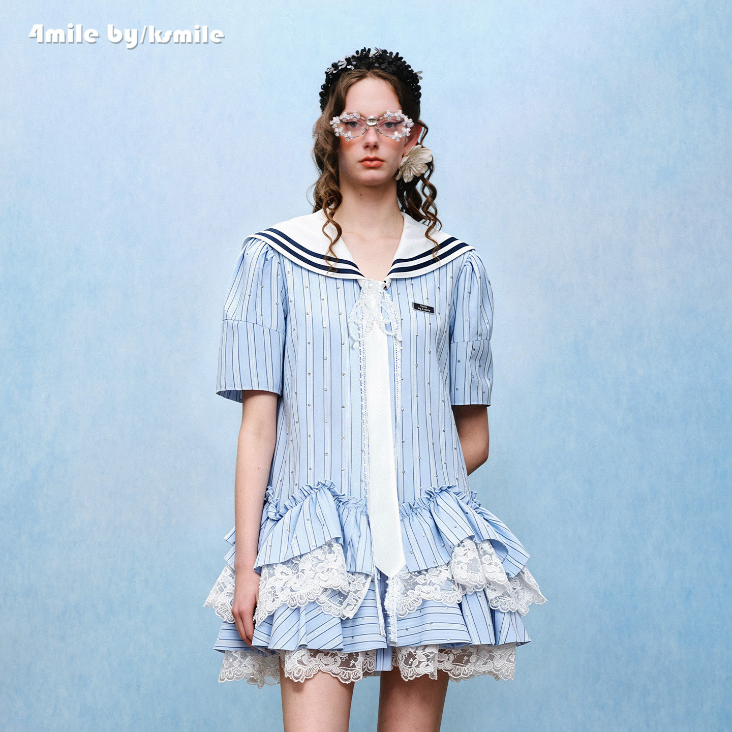 【618狂欢购】4MILE BY KSMILE 26春夏新款海军领短袖蛋糕连衣裙