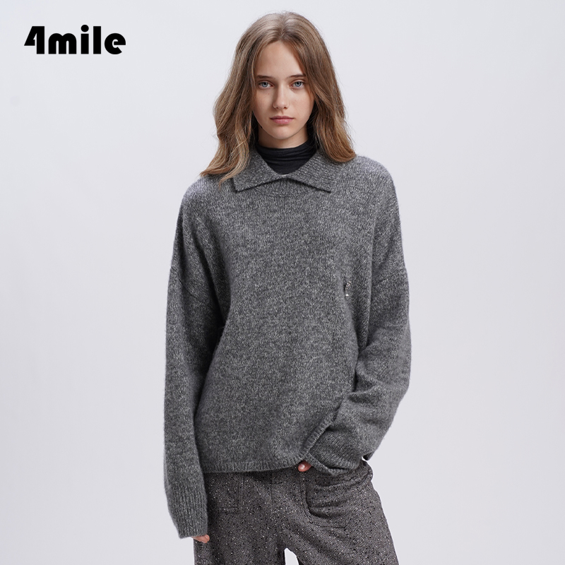 【4MILE】2024年冬季新品 灰色小翻领真丝羊绒衫简约通勤套头毛衣