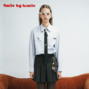 KSMILE 4MILE 不对称门襟蓝竖条纹学院领带衬衫 年货狂欢季
