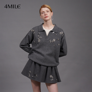 宽松显瘦法式 撞色钉珠慵懒风羊毛针织衫 4MILE 毛衣 年货狂欢季