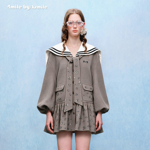 4MILE BY KSMILE 26秋冬新款海军领毛呢珠花连衣裙学院风A字裙