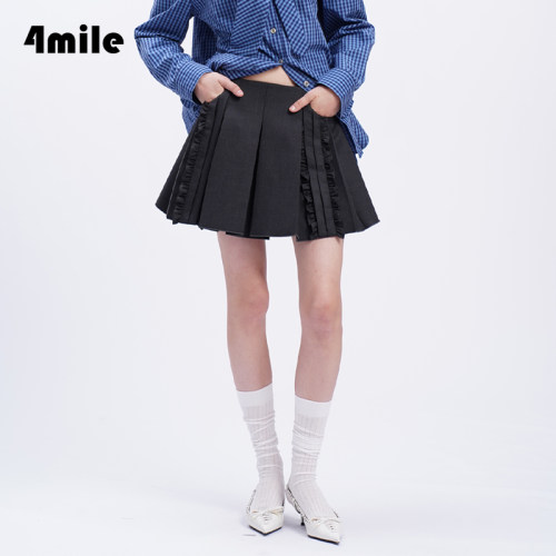 4MILE灰色花边宽百褶裤裙