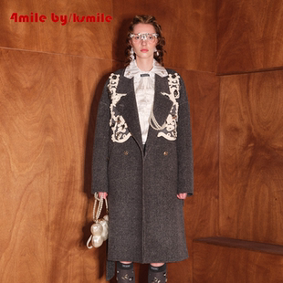 年货狂欢季 灰色羊毛藤曼蕾丝中长款 4MILE KSMILE 大衣外套