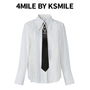 学院领带白衬衫 KSMILE 小众设计蕾丝花边百搭白衬衣 4MILE