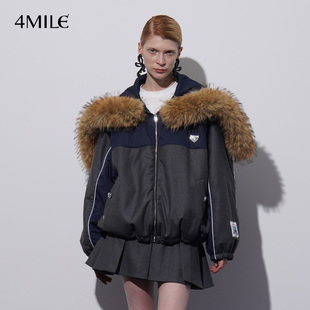 灰色加厚大毛领连帽外套保暖休闲短款 4MILE 上衣 年货狂欢季