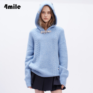 【4MILE】2024年冬季新品 设计师款甜美亮片珠花羊驼绒连帽毛衣女