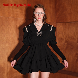 KSMILE 4MILE 黑色肩链v领高腰显瘦复古连衣裙 年货狂欢季