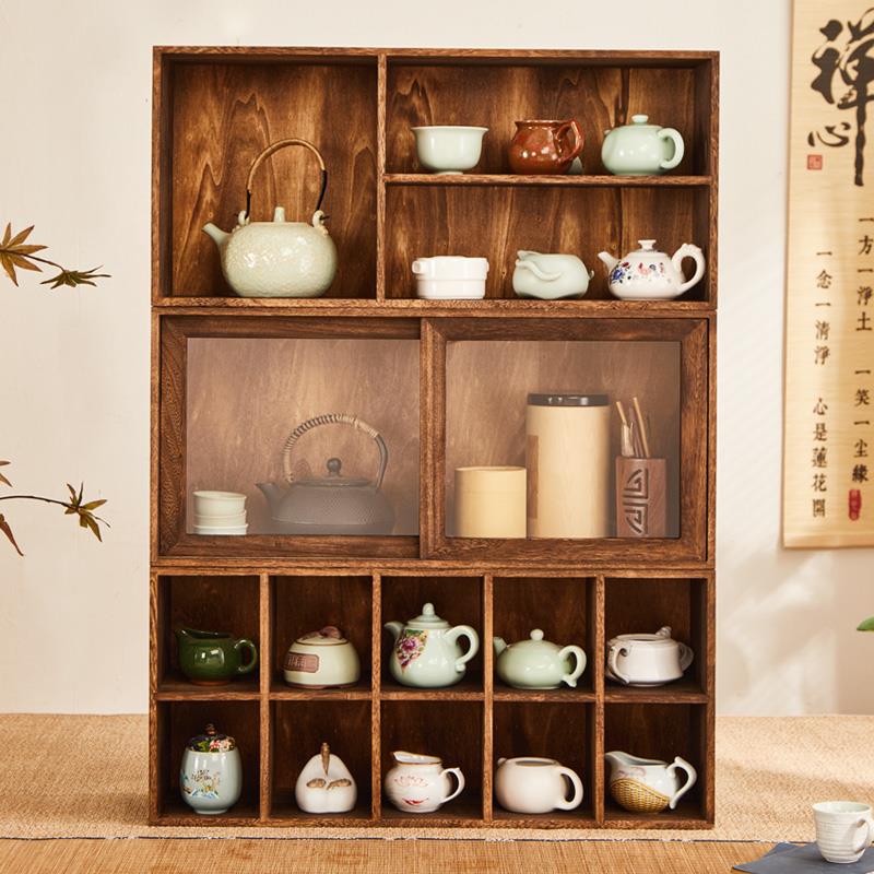 实木桌面收纳柜茶具茶杯置物架中式茶壶柜茶叶柜木质多宝阁博古架