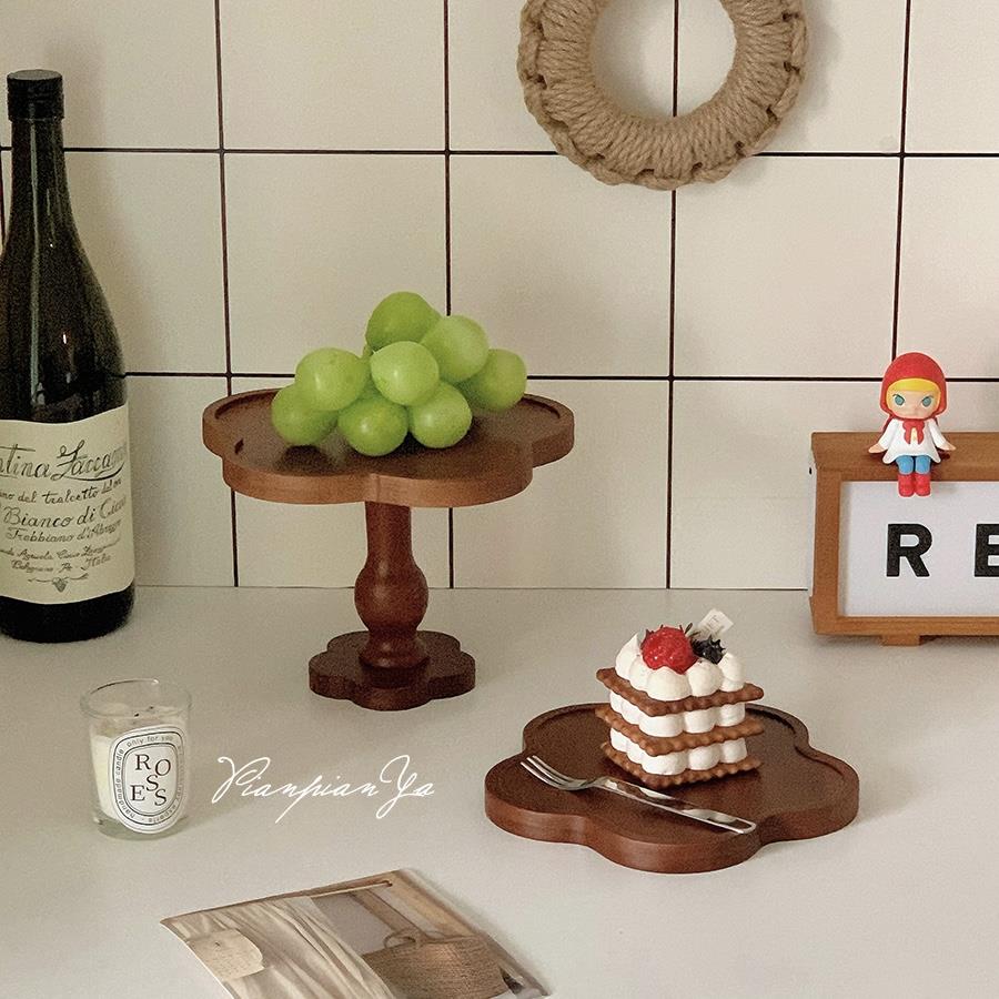 覆古花边木质托 托盘高脚实木盘蜡烛香薰饰品置物盘水果零食甜点