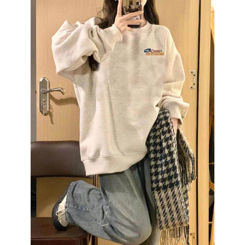 美式潮牌oversize圆领卫衣女宽松小众设计感加绒加厚无帽套头上衣