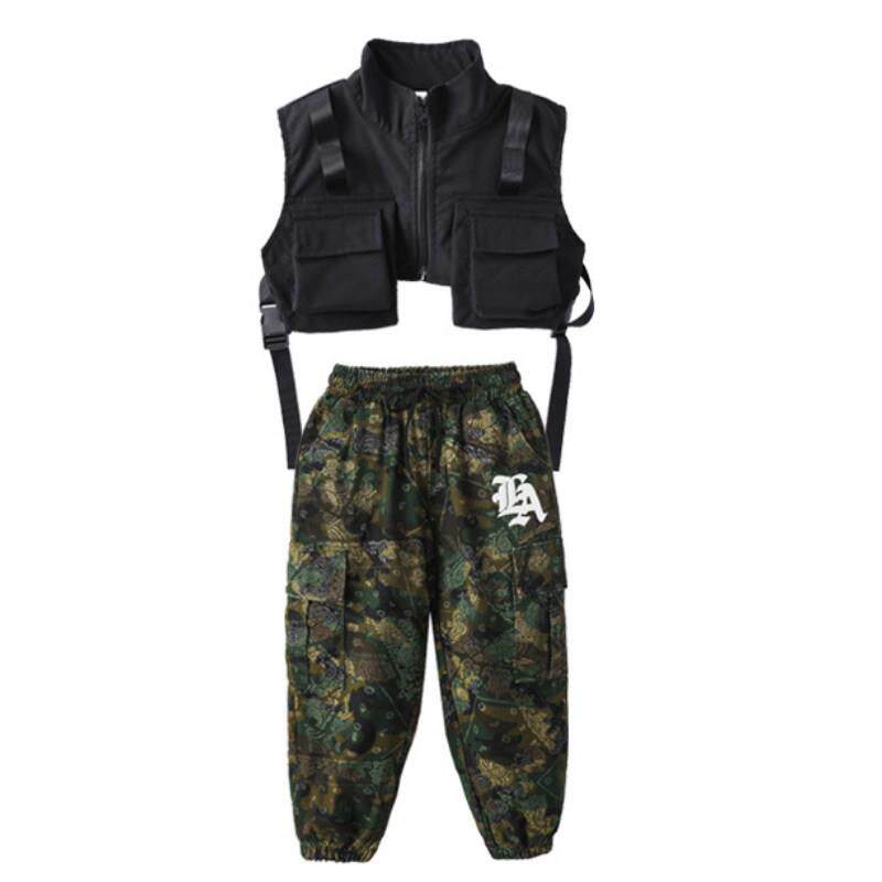 男童嘻哈街舞服少儿迷彩工装裤个性马甲套装秋冬hiphop元旦演出服