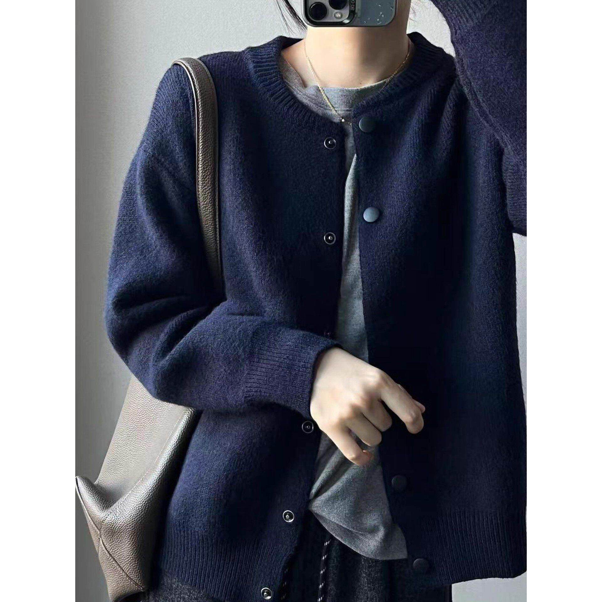 藏青色针织开衫女春秋新款宽松慵懒风别致休闲高级感毛衣外套上衣