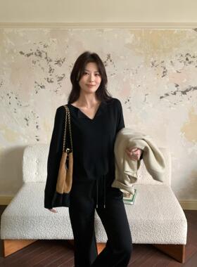 NAZ那子大码秋季2/46支桑蚕丝羊毛混纺圆领半开胸翻边长袖针织衫