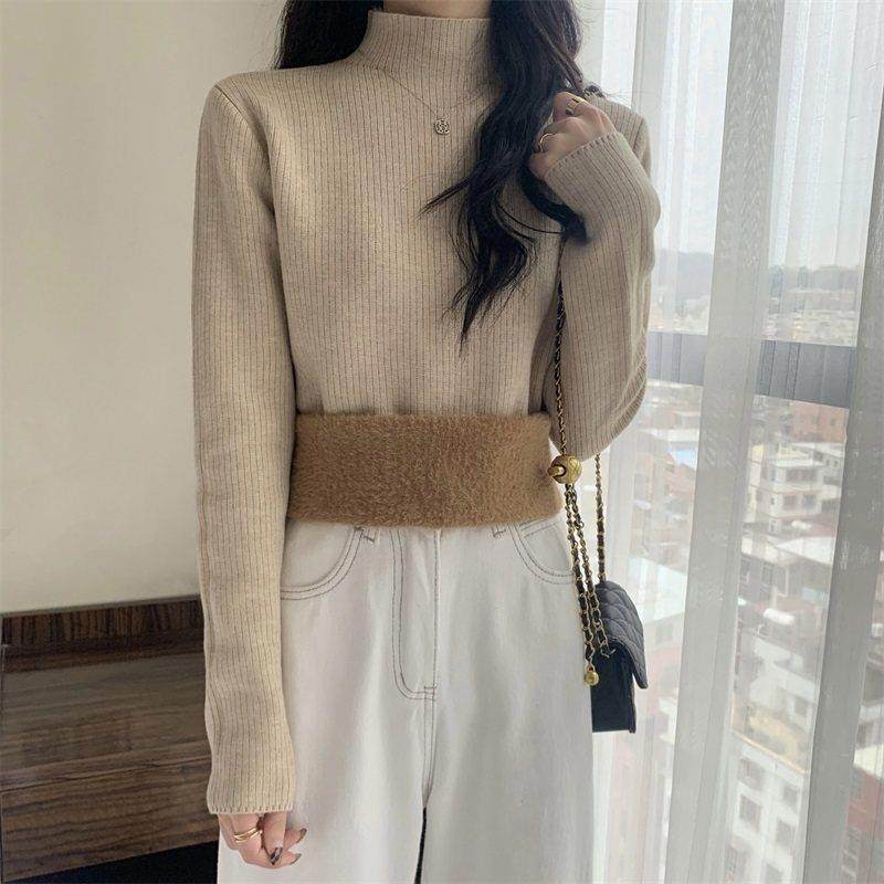 半高领毛衣加厚打底衫女秋冬内搭一体加绒坑条保暖针织衫法式上衣