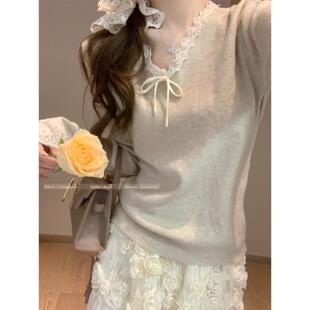 千金风绝美V领蕾丝拼接长袖针织衫女春秋温柔洋气内搭上衣打底衫