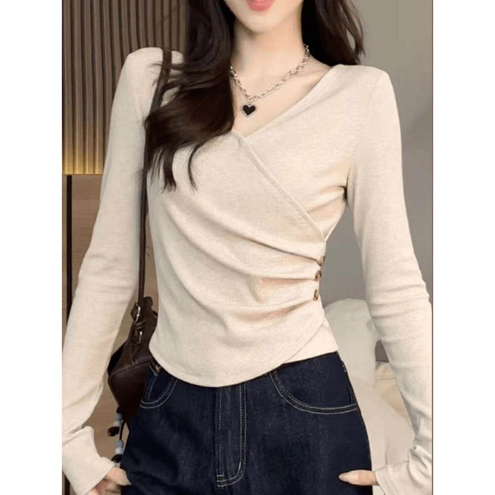 设计感洋气v领正肩长袖t恤女秋季新款内搭修身显瘦打底衫黑色上衣