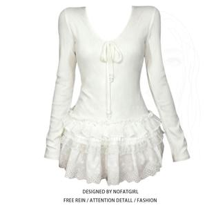 大码胖MM白色V领蕾丝蝴蝶结长袖打底衫女秋冬甜美高级感内搭上衣