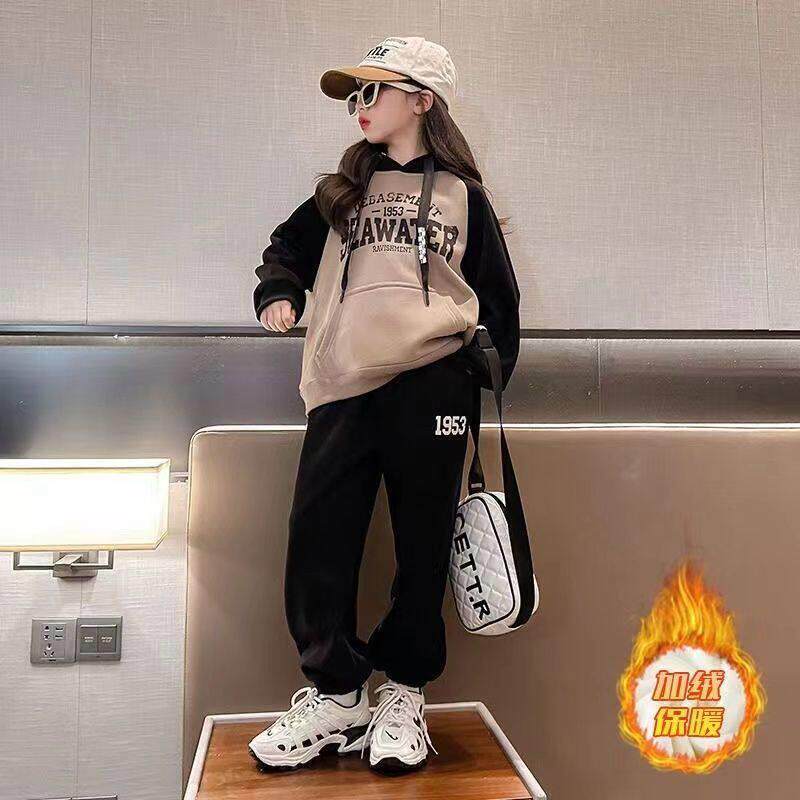 女童加绒套装冬季2025新款洋气中大童儿童运动加厚卫衣秋冬两件套